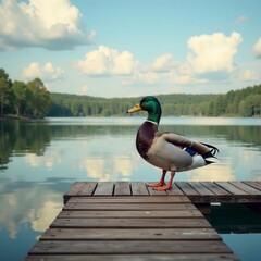 Mallard on old wooden pier, still lake reflects sky , bird photography, mallard, pier