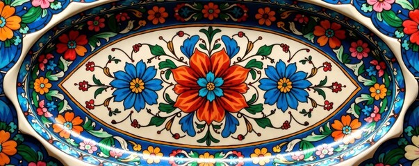 Ornate floral pattern on a large ceramic platter, traditional North African style , texture, ceramic platter