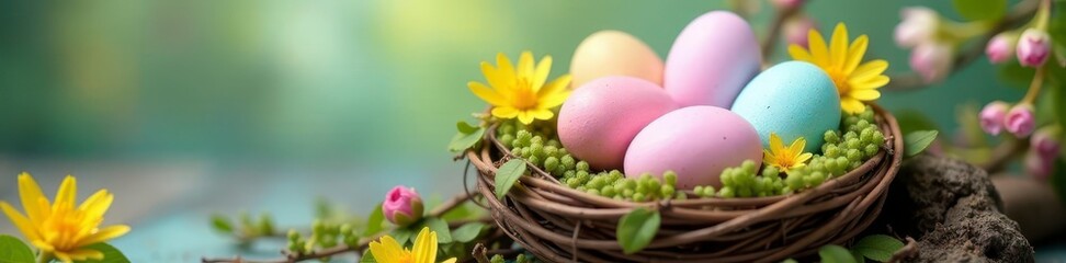 Pastel Easter eggs nestled in a woven bird's nest with spring flowers , leaves, adorable, bouquet