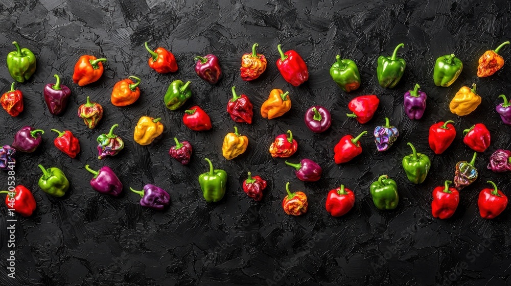 Aufkleber colorful array of diverse bell peppers on dark textured surface in a culinary setting