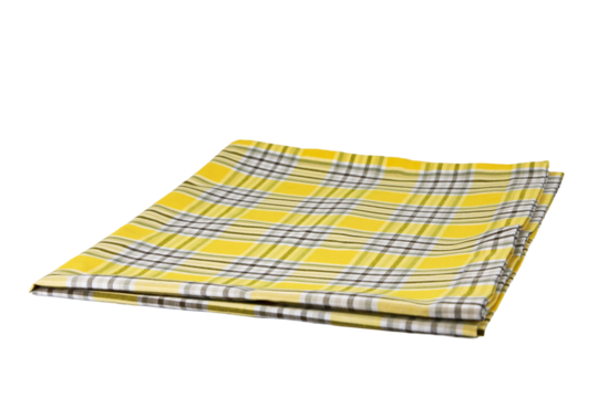 Blank placemat, folded in a yellow white and black plaid pattern on transparent background