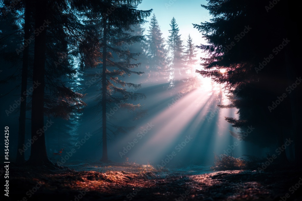 Poster sun rays shining through foggy forest creating a mystical atmosphere