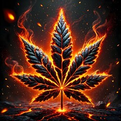 Flaming cannabis leaf in red and orange tones