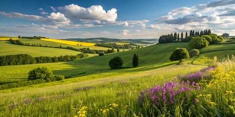 Naklejka premium A vibrant landscape featuring rolling green hills, wildflowers, and a cloudy blue sky in the distance