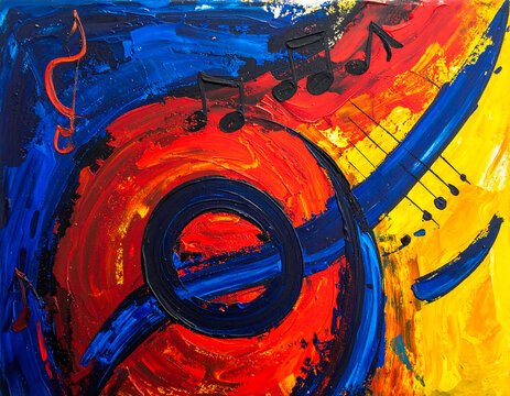 Abstract art painting of a guitar, conveying passion and musical creativity. Expressive brushstrokes in vibrant blue, red, and yellow. Suitable for artistic backgrounds. - Powered by Adobe