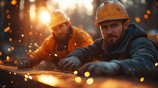 Two construction workers grinding metal, sparks fly, sunset