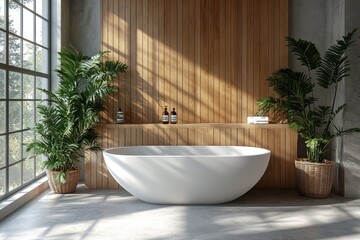 Fototapeta premium Modern bathroom interior design with sunlight and plants.