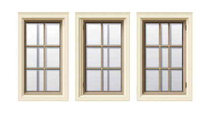 Set of Three Wooden Window Frames Isolated on Clean White Background