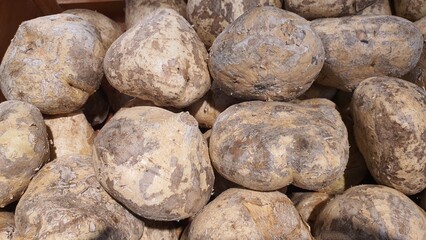 Close up pile of tasty fresh jicama sold at the market as a background.	