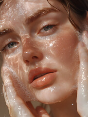 A woman gently holds her face with water droplets glistening on her skin, giving a fresh and serene appearance