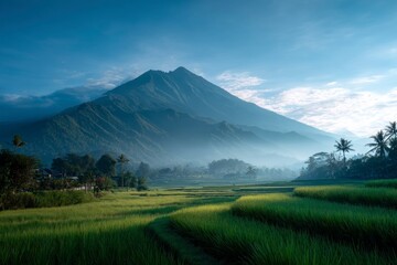 Fototapeta premium Green Rice Fields and Majestic Mountain View with Morning Mist