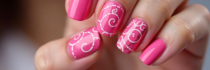 Intricate pink swirls nail art, casual hand pose, close up, delicate, casual