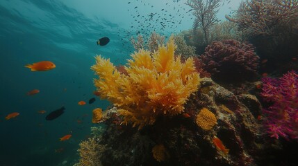 Obraz premium Vibrant coral reef teeming with colorful fish in clear tropical waters during daylight