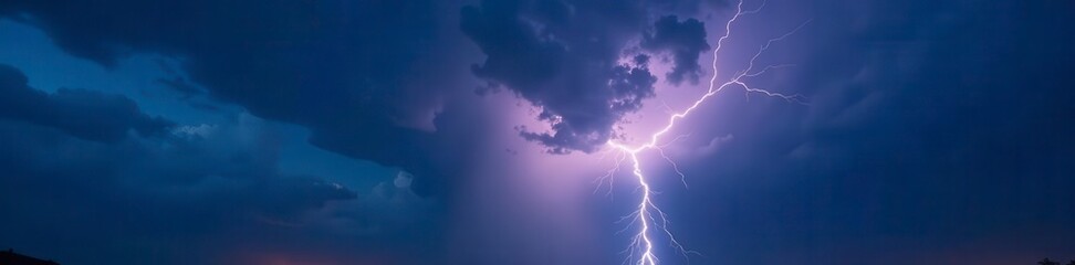 Night sky, dramatic lightning bolt illuminates dark storm clouds, illumination, violent