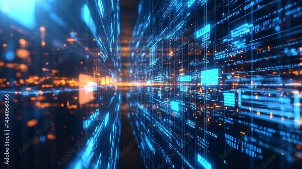 Poster abstract digital data stream visualization with blue and orange light effect
