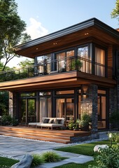 Fototapeta premium cozy family house 3D visualization with balcony and wooden stairs