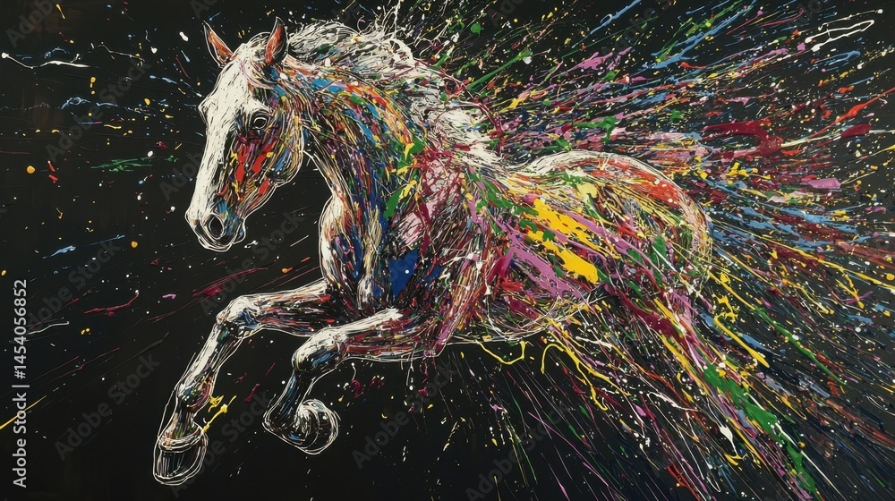 Poster colorful horse in motion with vibrant splashes of paint creating a dynamic abstract art piece