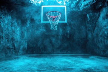A glowing basketball hoop inside a cave, illuminated by vibrant blue light