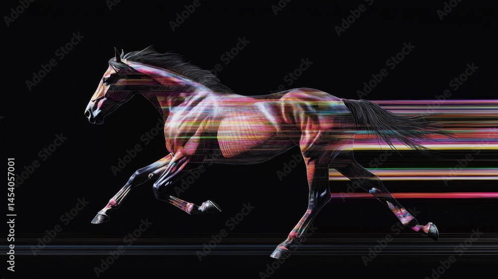 Poster dynamic horse in motion against a black background capturing speed and elegance with streaks of colo