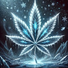 Glowing blue cannabis leaf on starry night background