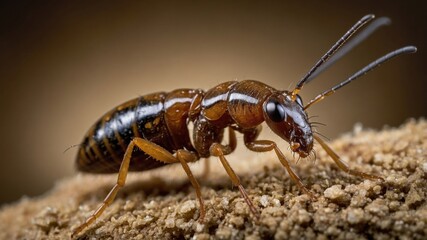 Naklejka premium Winged Ant Queen Close-Up on Sandy Surface with Brown Body and Antennae Resting in Natural Habitat Environment