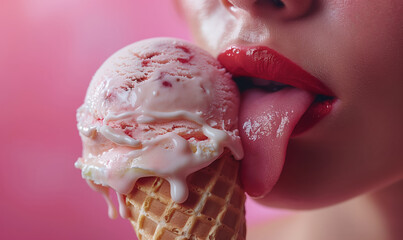 close-up of red lips licking melting pink ice cream, intense sensual detail, pink background, creamy texture, summer treat