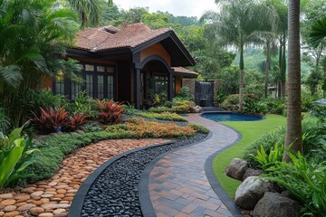 Fototapeta premium Tropical home exterior with winding pathways and lush landscaping.