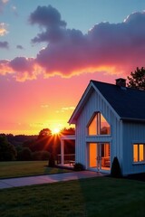 Modern farmhouse sunset, pink & blue sky Angled view , modern farmhouse, real estate