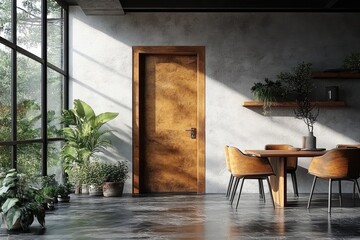 Fototapeta premium Contemporary interior design with natural light and wood tones.