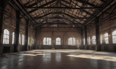 Naklejka premium Soaring ceilings, exposed metalwork, industrial chic , contemporary, open space, industrial photography