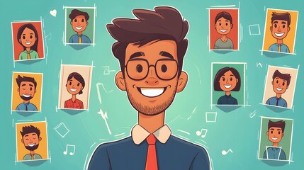 Flat style comic panel of employee progressing through cheerful onboarding zones, cartoon icons