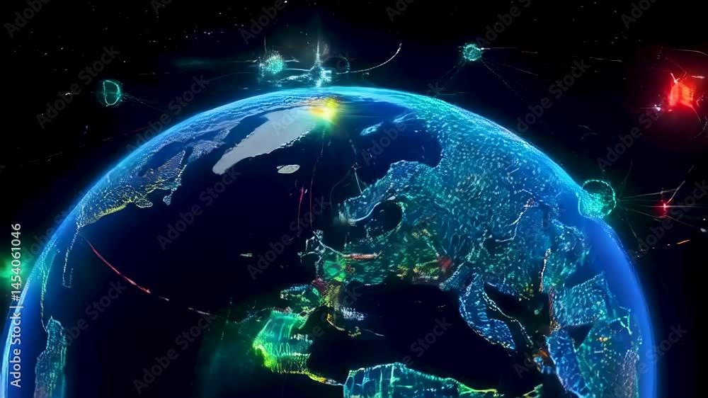Poster futuristic earth animation displaying digital connections and glowing network across the planet surf