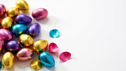 Brightly colored foil-wrapped chocolate eggs, white background, confectionery, sweet