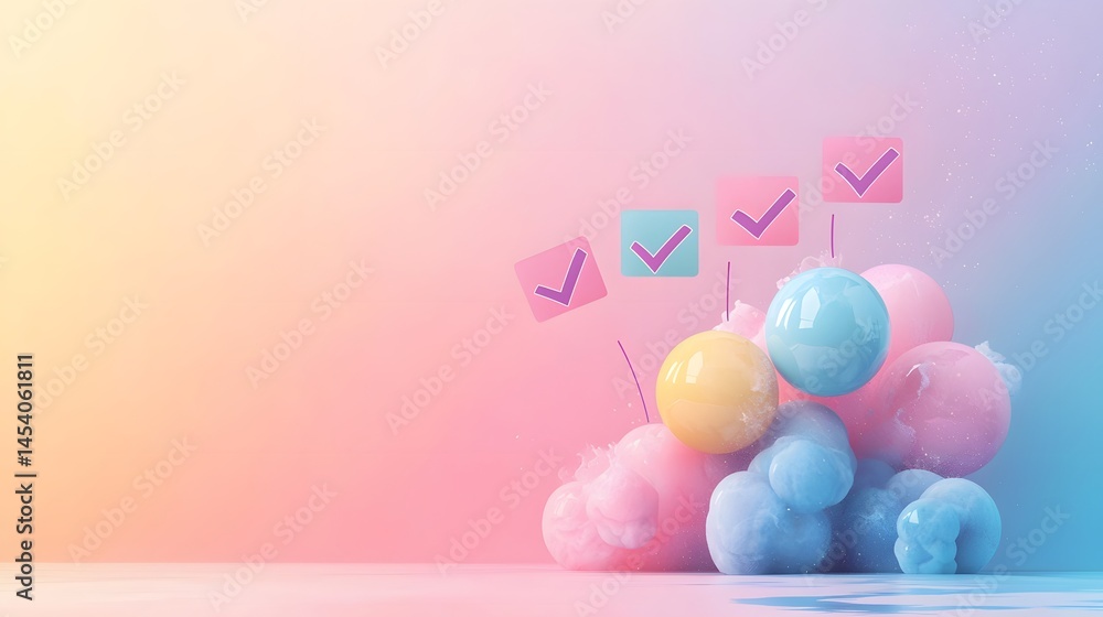 Poster calm vector layout showing checklist progress with checkmarks floating upward in pastel ui