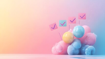 Calm vector layout showing checklist progress with checkmarks floating upward in pastel UI