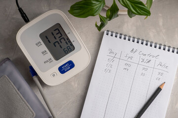 Young woman control blood pressure with BP monitor and records results in notebook.