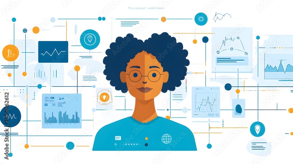 Poster Flat icon animation showing data sync with breath monitor and HR portal, clean layout