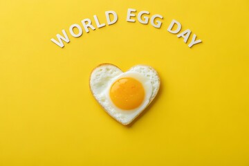 Heart shaped fried egg celebrates World Egg Day on a sunny yellow background with simple wooden