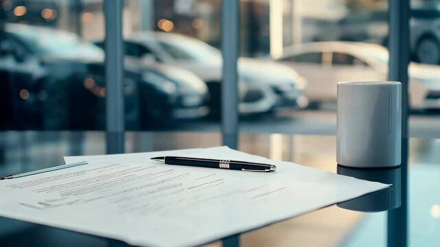 Contract and pen are lying on a glass desk in a car dealership, ready for a customer to sign, with new cars visible through the showroom window in the background