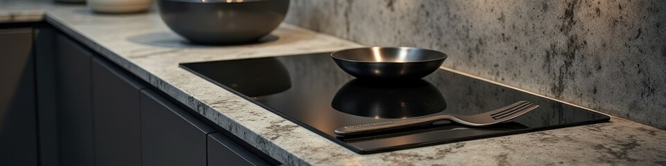 Elegant modern kitchen counter with sleek induction cooktop and stylish cookware