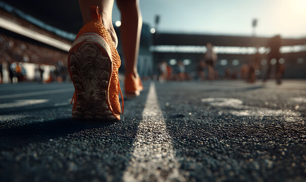 The athlete is doing sports. Close-up of the foot, sports technology, business, advertising, poster, background image, wallpaper, background, warm-up, exercise, health - Powered by Adobe
