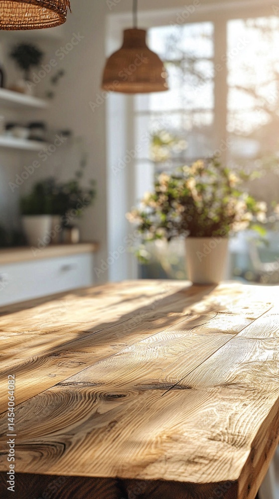 Poster warm sunlight filters through a window, casting gentle shadows on a rustic wooden table. a small pot