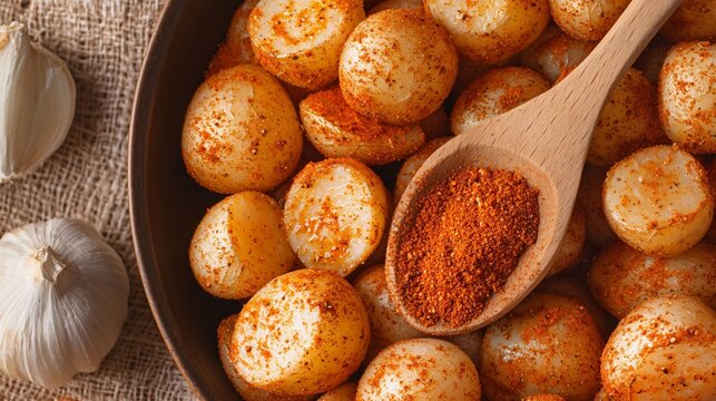 Overhead shot of papas arrugadas with wooden spoon filled with paprika and cumin