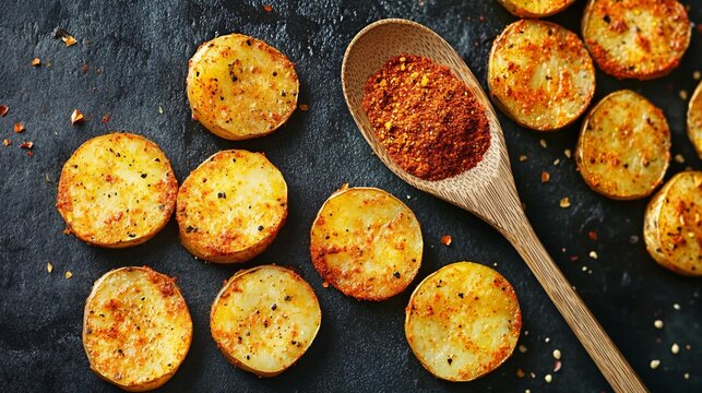 Overhead shot of papas arrugadas with wooden spoon filled with paprika and cumin