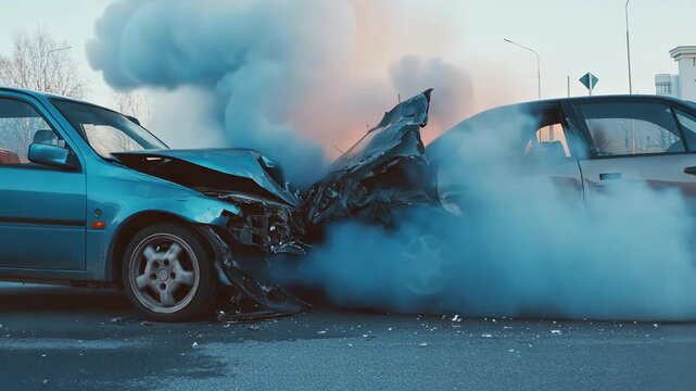 Smoke billows from two wrecked cars after a severe collision on a city street, illustrating the immediate aftermath of a devastating accident