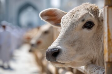 Close-up of a Young Cow at Cattle Market with People in Background