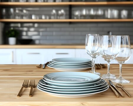 Table set Plates, glasses, gold cutlery on wood table Kitchen background