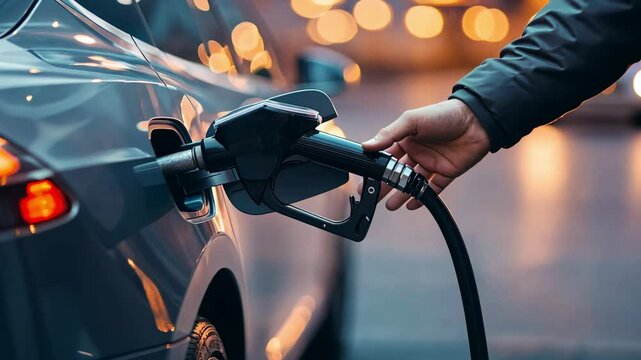 Close up of a driver's hand inserting a fuel pump nozzle into a modern electric car's tank at a gas station at night, with blurred city lights in the background