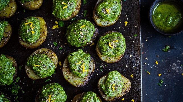 Top-down view of papas arrugadas with vibrant green mojo, lemon zest, and cumin seeds scattered