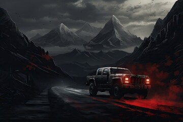 Off-road vehicle driving through volcanic landscape at night. Dark mountains with glowing lava. Adventurous journey concept. Dramatic scene for movie poster or book cover.